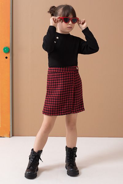 Cansın Mini Red Houndstooth Patterned Shorts Skirt Suit for Girl - 19559