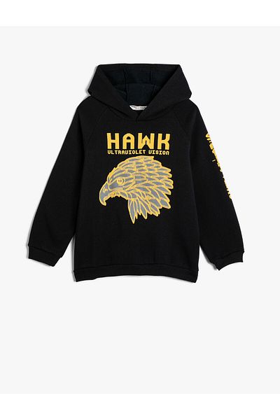Koton Hooded Sweatshirt Raised Hawk Printed