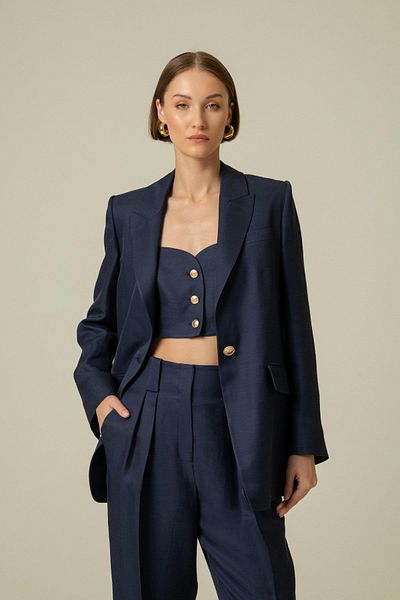 rue Navy Blue Long Jacket - Pocket and Gold Button Detail