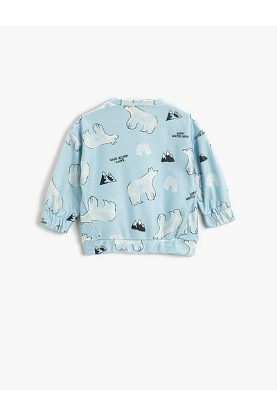 Koton Soft Textured Polar Bear Printed Sweatshirt Long Sleeve Elasticized Cuffs