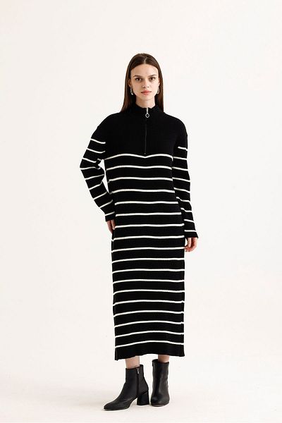 DEMİRBY Rochie de damă, cu dungi alb-negru, cu guler cu fermoar, lungă din tricot