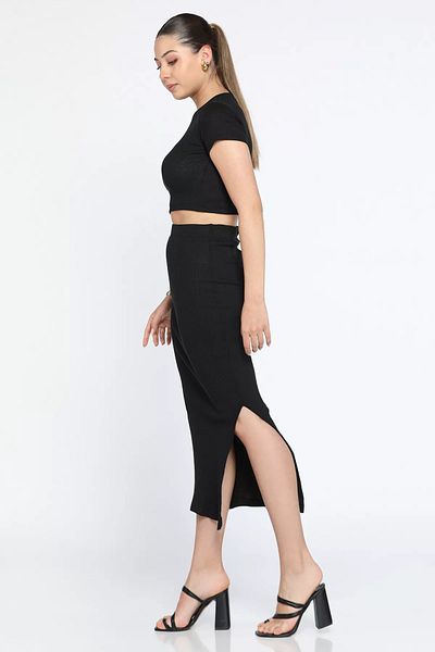 GÜLSELİ Black Crew Neck Midi Length Lycra Slit Camisole Women's Double Set