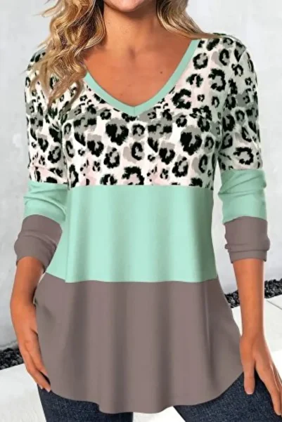 Mossta Green Leopard Printed V-Neck Long Sleeve Hooded Blouse