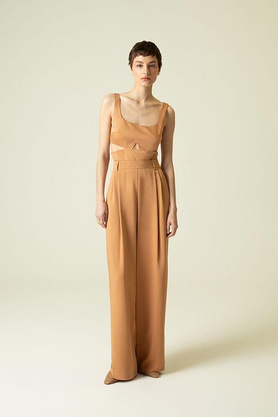 rue Square Collar and Low-cut Detailed Cinnamon Jumpsuit
