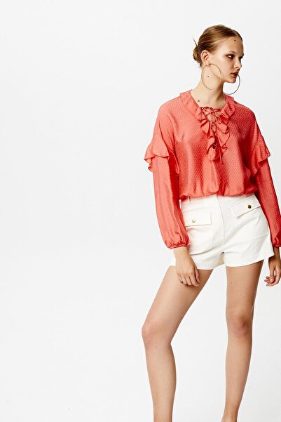 rue Volanlı Mercan Crop Gömlek