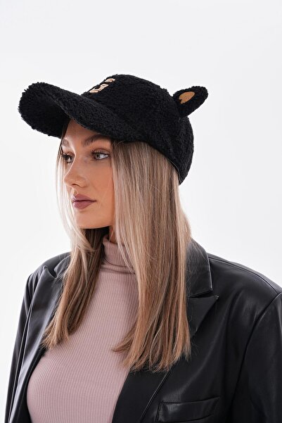 Axesoire 14562 Tavşan Kulaklıklı Tedy Kıvırcık Kürklü Peluş Siyah Kep