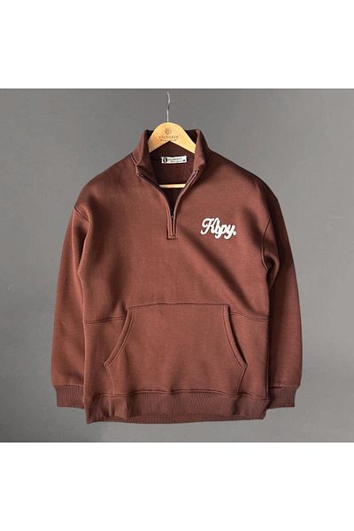 Valiberta Embroidery Detailed Kangaroo Pocket Half Zipper Sweatshirt - Brown