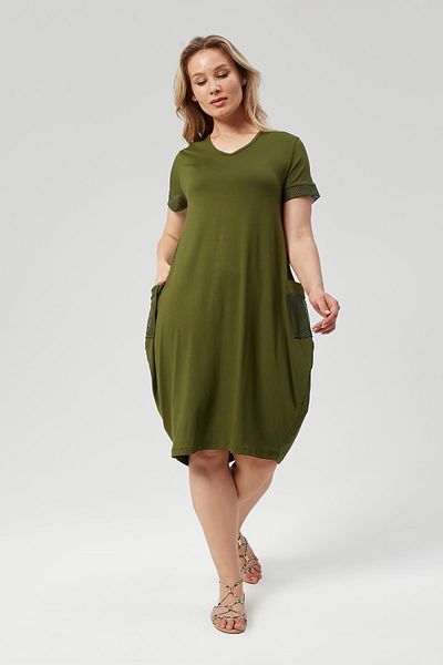 Ebsumu Khaki Plus Size Dress - Pocket and Sleeve Mesh Detail