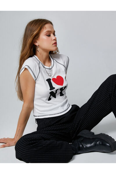 Koton Μπλουζάκι με στάμπα NY με κοντό μανίκι, βαμβακερό λαιμόκοψη