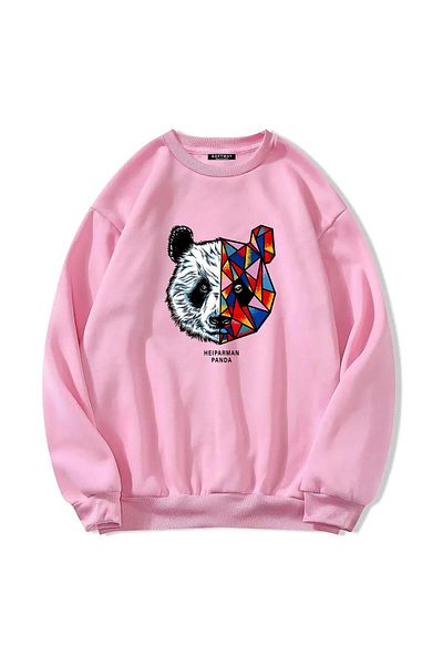 SOFTWAY ΡΟΖ Unisex Oversize Crew Neck Panda εμπριμέ φούτερ