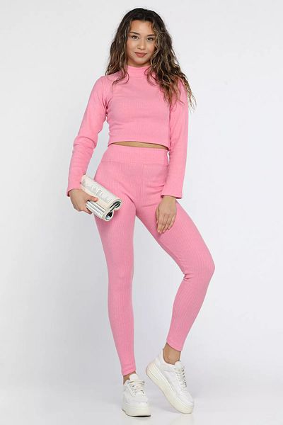 GÜLSELİ Pink Half Turtleneck Camisole Crop Blouse Tights Double Set