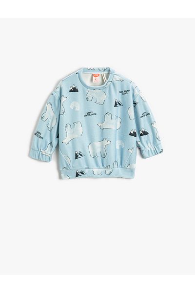 Koton Soft Textured Polar Bear Printed Sweatshirt Long Sleeve Elasticized Cuffs
