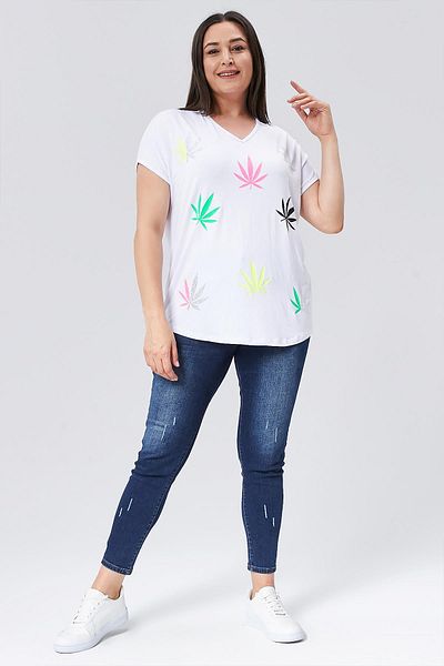 Ebsumu Women's Plus Size Blouse with White Printed Neon Stones