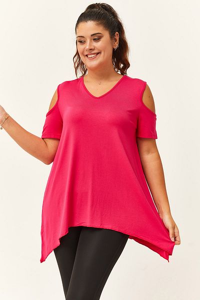 Ebsumu Women's Plus Size Off-the-Shoulder Asymmetrical Cut Pink Blouse