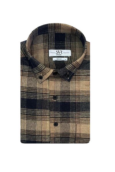 SÜVARİ Χειμερινό πουκάμισο Süvari Loose Fit Beige καρό φανελένιο με τσέπες