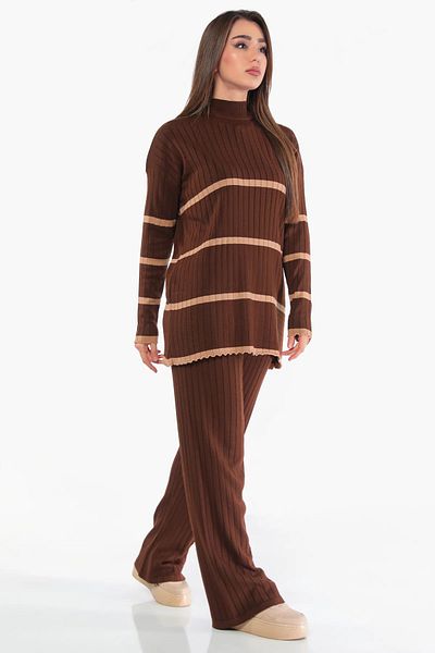 GÜLSELİ Brown Women's Two-Color Seasonal Thin Fabric Knitwear Set