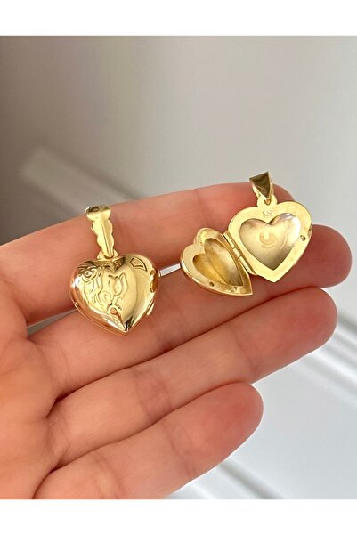 emy by emel luxury silver jewelry Altın Kaplama Kapaklı Desenli Kalp Madalyon Kolye Ucu 925 Ayar Gümüş