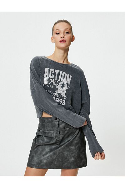 Koton Faded Effect Printed T-Shirt Long Sleeve Crew Neck Cotton