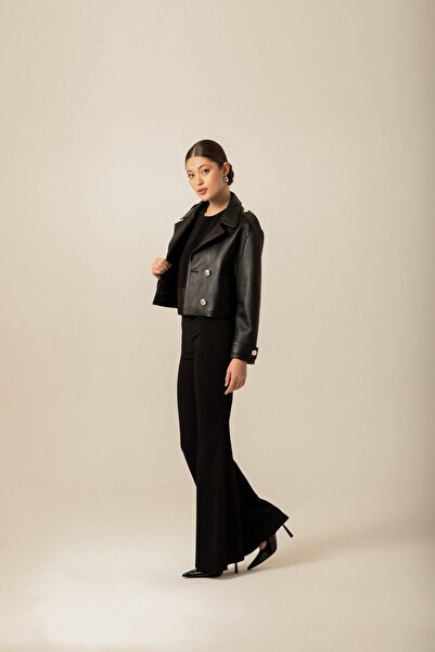 rue Black Leather Jacket with Front Button Detail