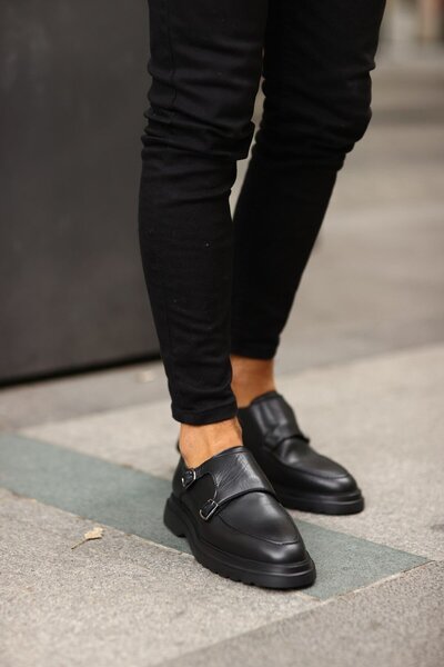 Serhat Özköroğlu - Siyah Deri Bağcıksız, Tokalı Erkek Klasik Ayakkabı