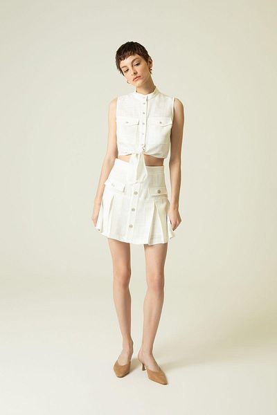 rue Ecru Crop Shirt - Front Tie, Stand Collar