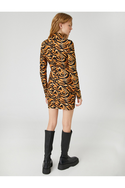 Koton Mini Winter Pencil Dress Leopard Pattern High Collar Long Sleeve