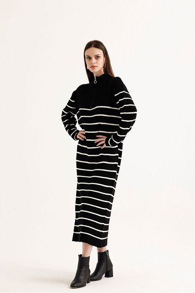 DEMİRBY Rochie de damă, cu dungi alb-negru, cu guler cu fermoar, lungă din tricot