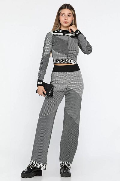 GÜLSELİ Black Patterned Crop Blouse Trousers Knitwear Double Set