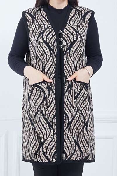 Elçelya Moda Kadın Vizon Yaprak Desenli Cepli Uzun Kışlık Triko Anne Yelek