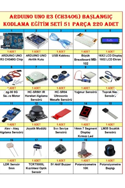 SANEC Arduino Uno R3 (ch340g) Başlangıç Ve Kodlama Eğitim Seti 51 Parça 220 Adet