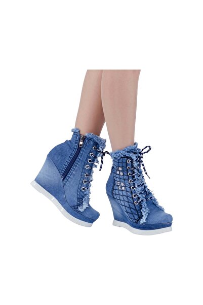 Butik Kadın Kot Bot Metal Trok Detaylı Orta Yüksek Ökçeli Günlük Jeanolog 5007