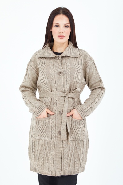 Elçelya Moda كارديجان نسائي طويل من الصوف المحبوك مع ياقة من فرو المنك وأزرار...