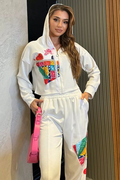 GÜLSELİ Cream Digital Printed Sweat Pants Double Set