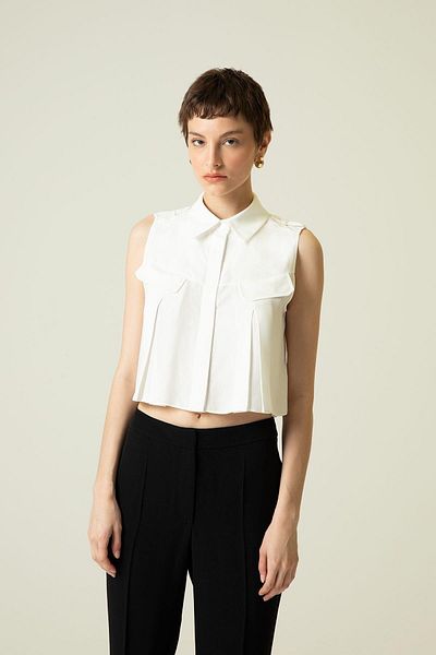 rue. Ecru Crop Shirt - Pocket Cover Detail