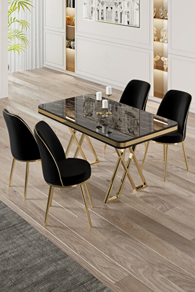 Canisa Vals Serisi 80x130 Lak Panel Siyah Mermer Desen Masa Takımı Gold Ayaklı 4 Siyah Sandalye