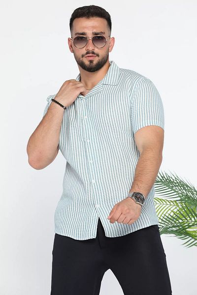 MİSHAR İTALİA Ανδρικό πουκάμισο Petrol Slim Fit ριγέ λινό