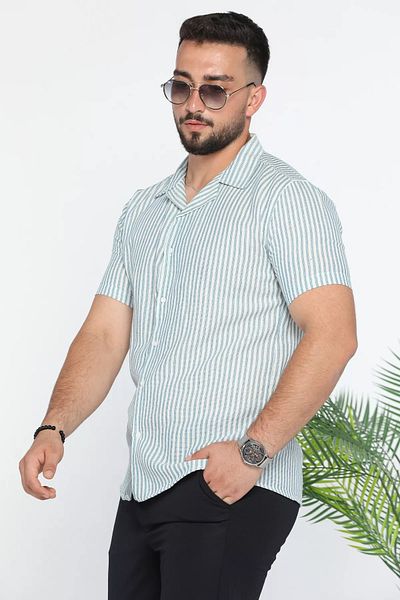MİSHAR İTALİA Ανδρικό πουκάμισο Petrol Slim Fit ριγέ λινό