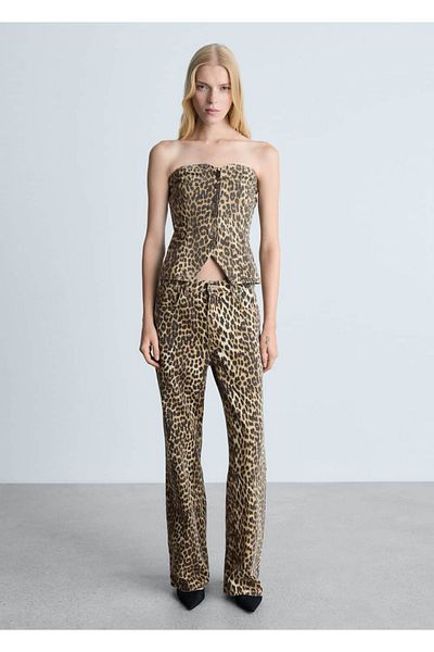 MANGO Woman Džínové kalhoty rovného střihu s vysokým pasem s leopardím vzorem