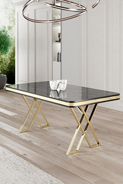 Canisa Vals Serisi 80x130 Lak Panel Siyah Mermer Desen Masa Takımı Gold Ayaklı 4 Siyah Sandalye
