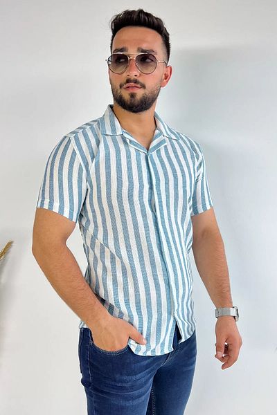 MİSHAR İTALİA Мъжка ленена риза с райета Petrol Slim Fit