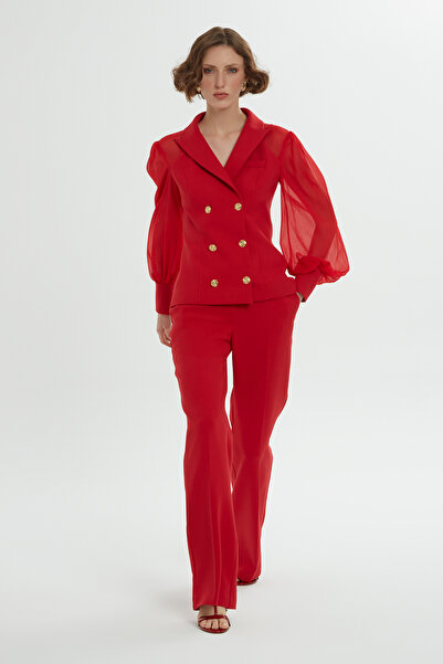 GİZİA Kolları Şifon Kruvaze Kapamalı Pantolonlu Kırmızı Takım