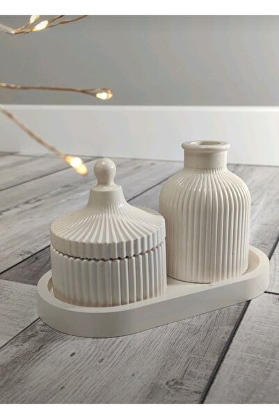 Home 3 lü set Oval tepsi vazo kapaklı dekoratif kutu obje süs eşyası biblo