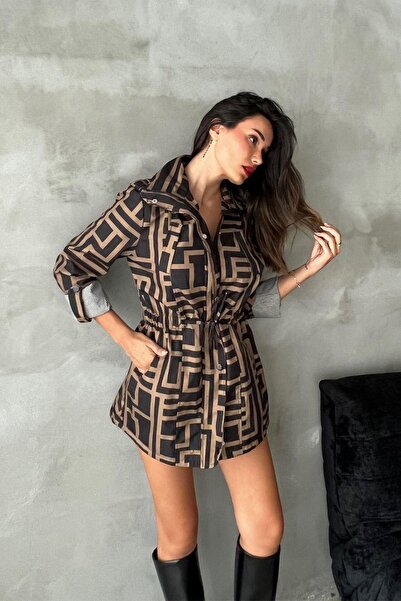 Mossta Women's Black Brown Trench Coat with Elastic Waist