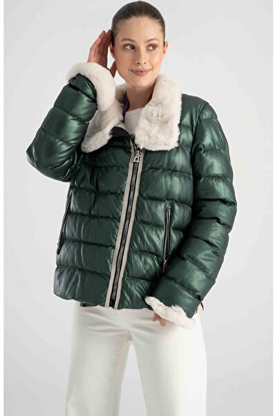 Lebeni Şişme Mont Kadın Deri Puffer Mont Kışlık Kürklü Mont