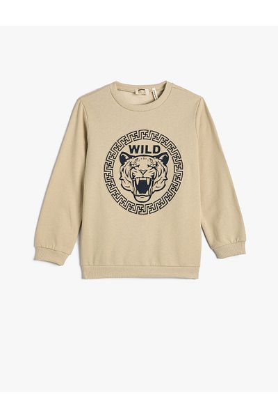 Koton Sweatshirt Tiger Embossed Printed Raised Crew Neck
