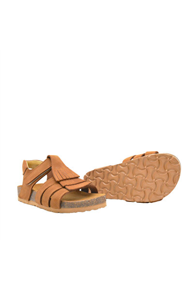 kids A more Luve Single Velcro Tasseled Unisex Leather Kids Sandals Brown