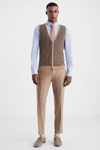 Hemington Stripe Patterned Camel Merino Wool Knitwear Vest