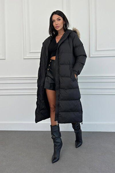 Weyeze Μακριά πουφερ παλτό με γούνινη κουκούλα Ac-k50467lnw