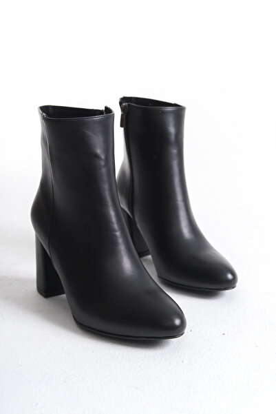 MARSEDO Kadın Yandan Fermuarlı Oval Burun Kalın Topuklu Günlük Bot Dara Siyah