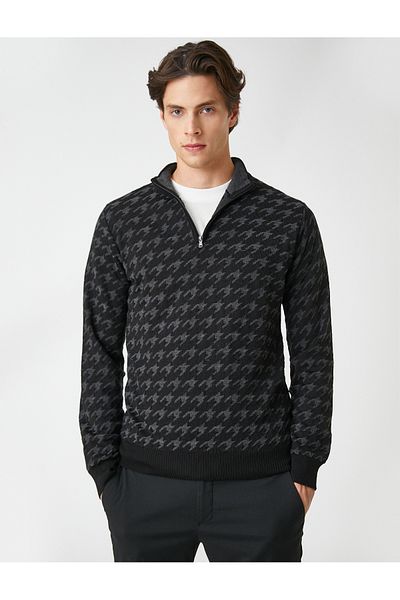 Koton Strickpullover mit Reißverschluss, hohem Kragen und Hahnentrittmuster
